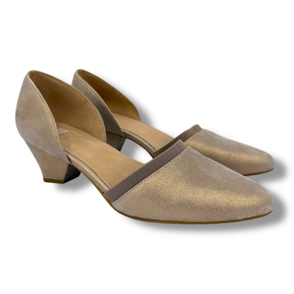 Eileen Fisher Rumi D'Orsay Low-Heel Suede Pumps in Metallic Sand Size 9.5